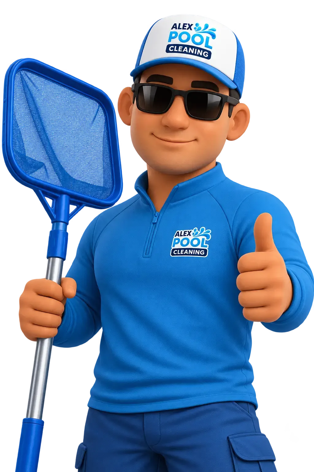 Alex Pool Cleaning mascot holding a pool skimmer