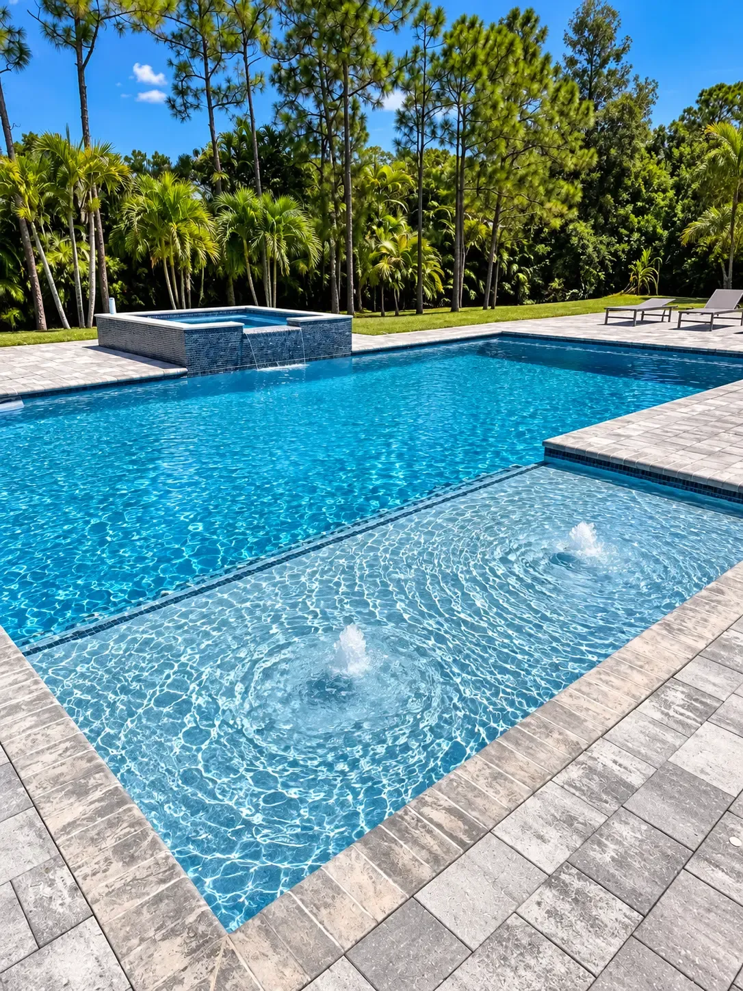 Clear pool with a tanning shelf and bubbler jets, framed by palms and travertine paving