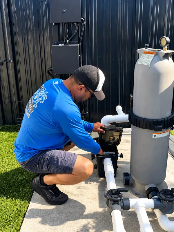 Technician servicing a cartridge filter and pump at a pool equipment pad