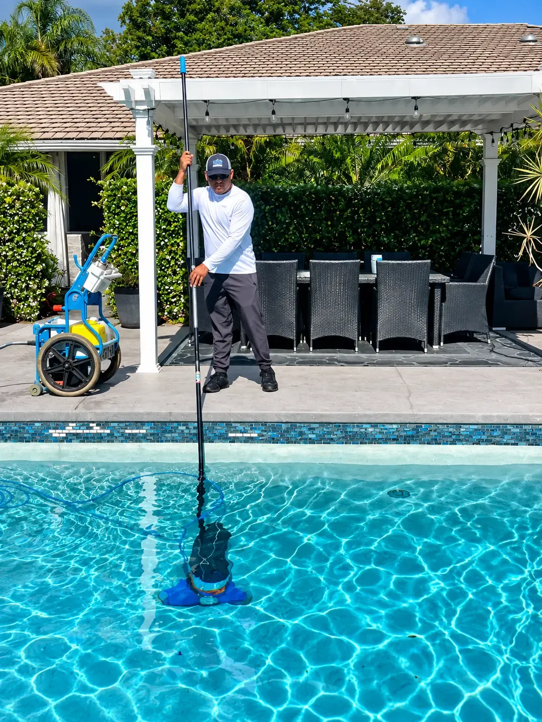 Technician vacuuming a pool floor with a pole vacuum, a service cart on the deck behind