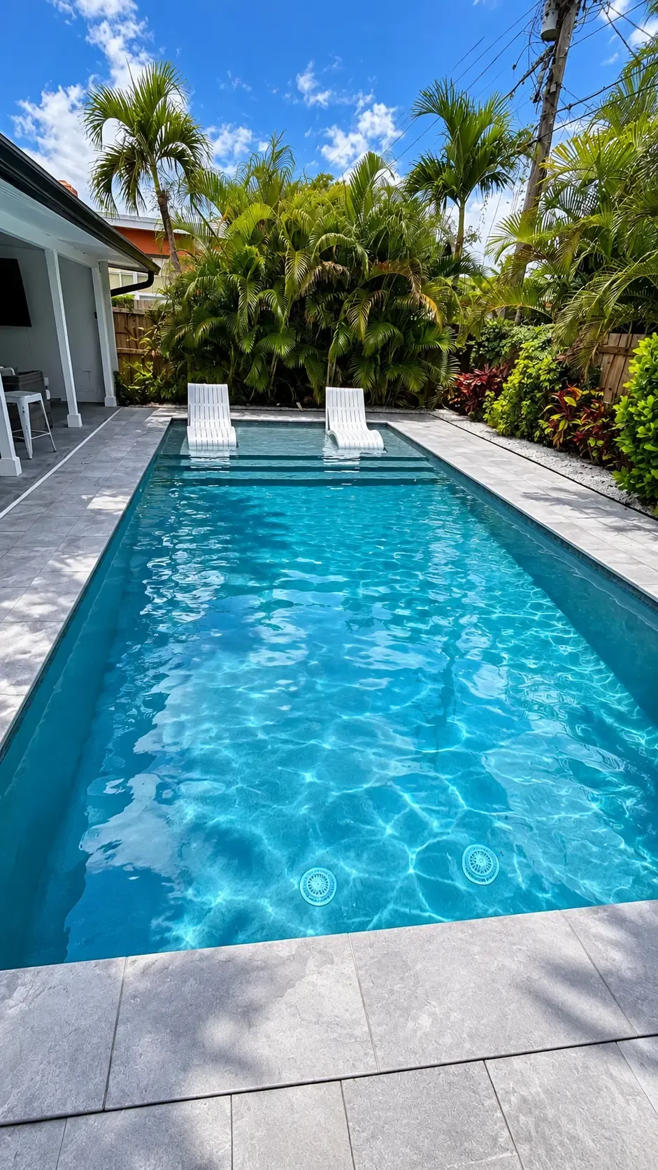 Compact plunge pool with built-in in-water loungers surrounded by tropical planting
