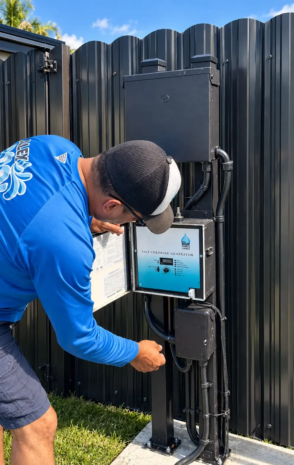 Technician adjusting a salt chlorine generator mounted on a backyard fence