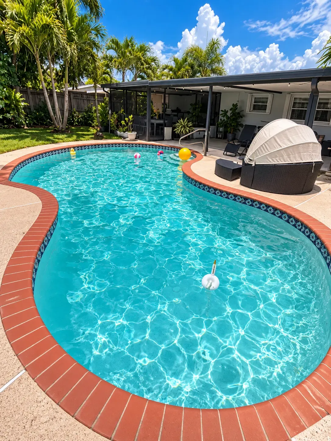 Freeform kidney-shaped pool with beach balls floating, ready for a family weekend