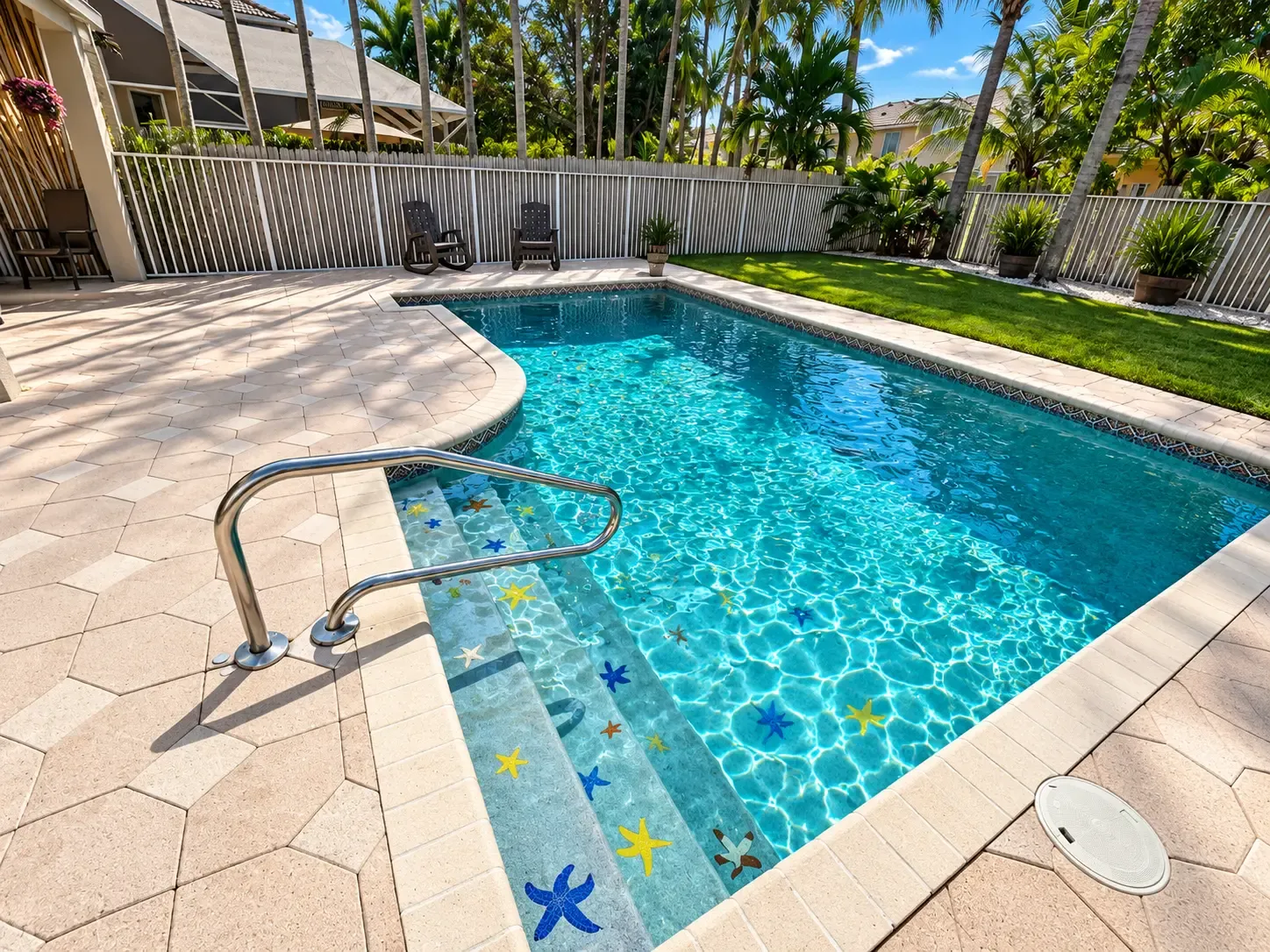 Freeform pool with starfish-mosaic entry steps and a stainless handrail, water crystal clear